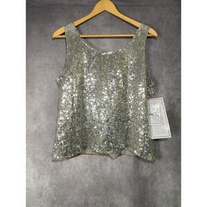 Lew Magram Womens Sleeveless 100% Silk Tank Top Size L Silver Sequins NEW